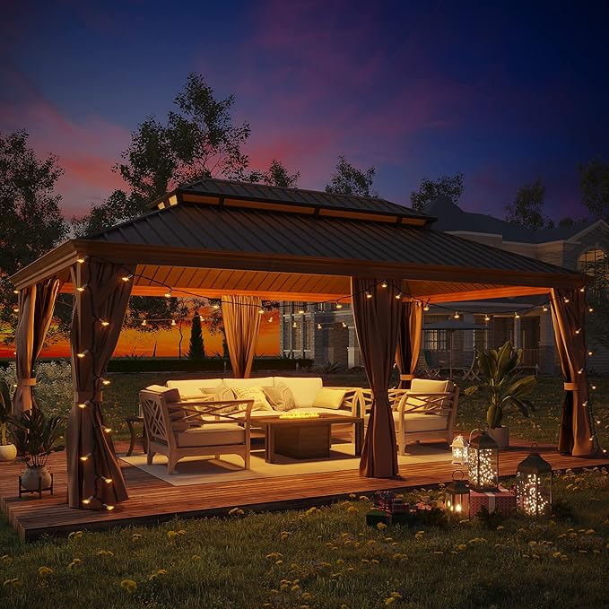 12'x20' Hardtop Gazebo, Outdoor Aluminum Patio Gazebo Double Roof Galvanized Steel Wooden Finish Coated Canopy with Netting and Curtains for Garden, Patio, Backyard, Deck and Lawns.