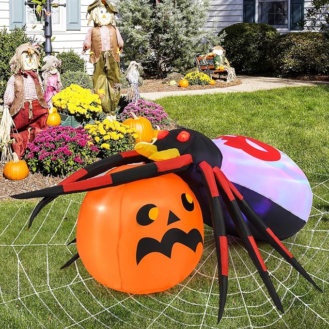 Goplus 5 Ft Length Halloween Inflatables, Spider Outdoor Decoration with Pumpkin, Magic Disco Light, Shimmering Red Eyes, Built-in LED Lights, Blow up Yard Decoration for Party, Yard, Lawn, Patio