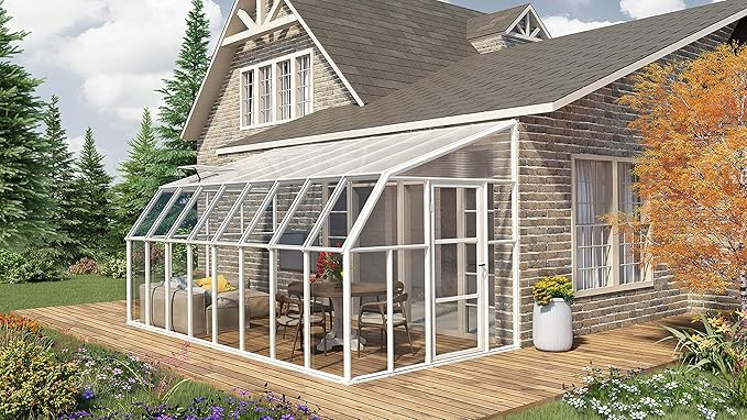 Palram Canopia Rion Sun Room 8 Ft. x 16 Ft. Solarium, Lean-to Greenhouse DIY Kit, Attach to House, Large Twin Wall Polycarbonate, 100% UV Protection for Porch, Patio Outdoors with Window Vent (White)