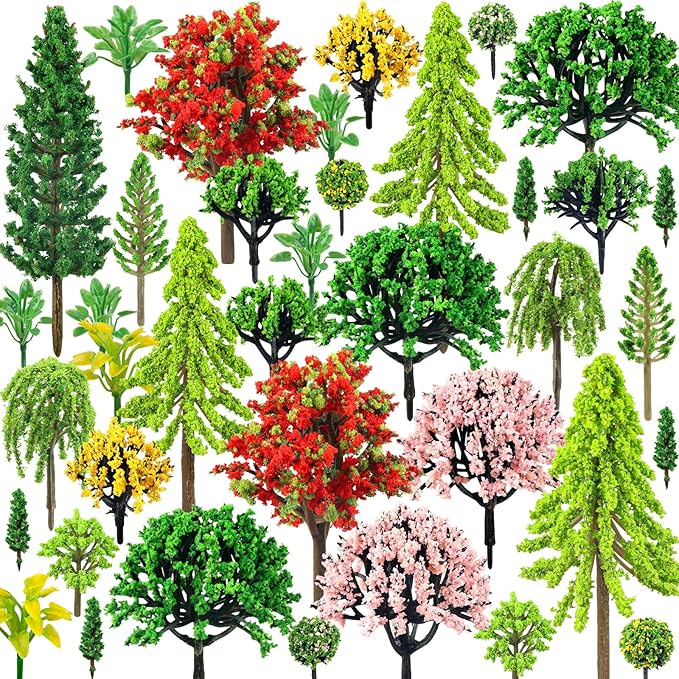 38PCS Mini Model Miniature Trees, Mixed Model Colourful Trees Building Train Scenery Architecture Fake Trees for DIY Crafts, Building Model, Scenery Landscape