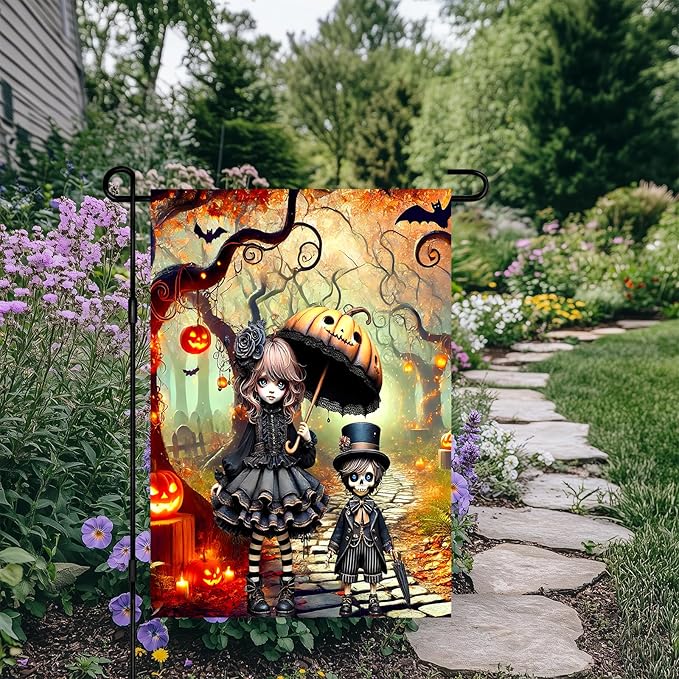 Halloween Horror Garden Flag 12x18 Inch Gothic Doll Pumpkin Umbrella Skull Boy Flag Outdoor Yard Decoration House Banner Porch Lawn Patio Home Decor