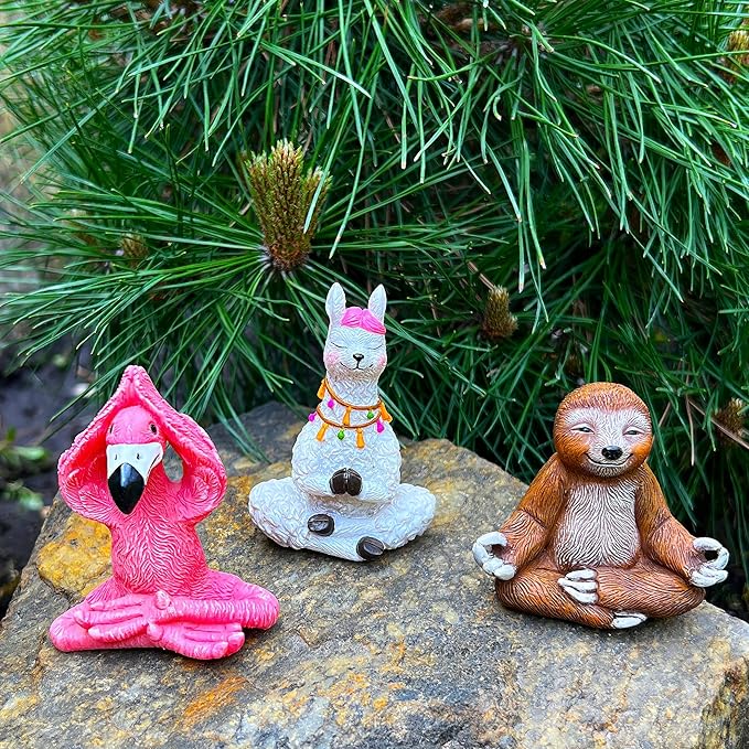 Mood Lab Miniature Yoga Figurines Set - Funny Mini Statue Kit of 3 pcs - Flamingo, Lama & Sloth in Meditation Pose - Fairy Garden Decor