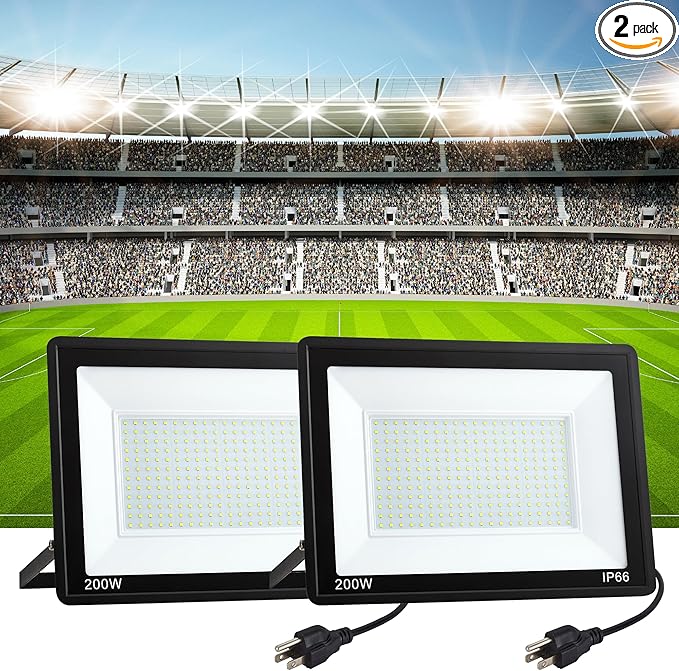 2 Pack 200W LED Flood Light Outdoor Plug in,25000 LM Super Bright Security Lights,IP66 Waterproof 6000K Daylight White Stadium Lights,Floodlights for Garage,Yard,Garden,Playground