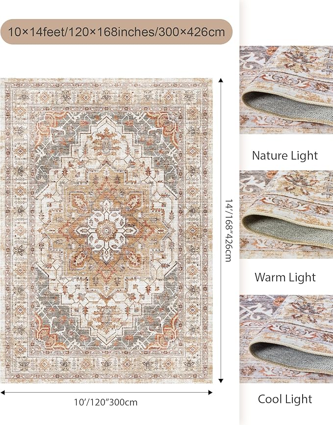 10x14 Area Rugs,Ultra-Thin Washable Rugs for Living Room,Non-Slip Lightweight Foldable Area Rug,Stain Resistant Vintage Large Rugs (Turmeric/Grey, 10'x14')