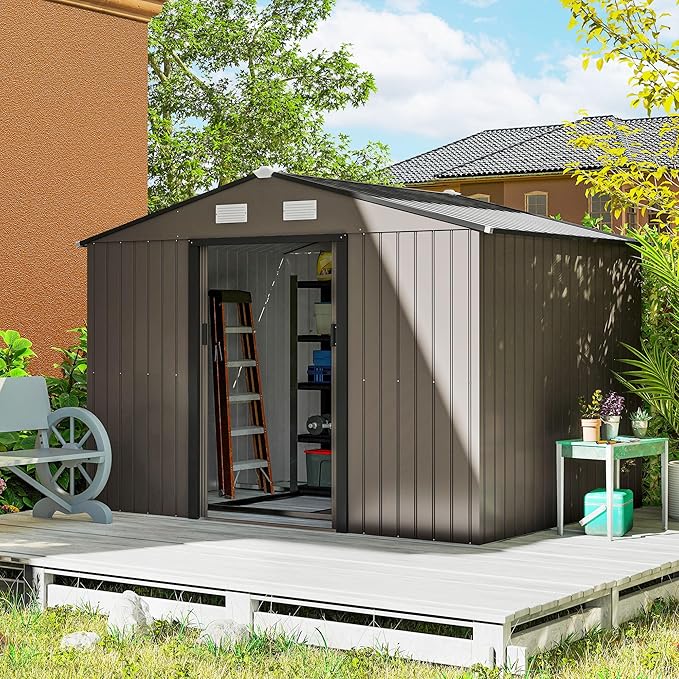 Outsunny 9' x 6' Outdoor Storage Shed, Garden Tool Metal Shed with Foundation Kit, Double Lockable Door, Air Vents and Sloping Roof, for Backyard, Patio, Lawn, Brown