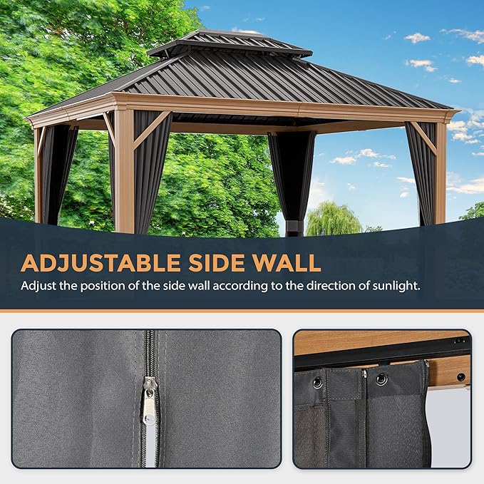 HAPPATIO 10' x 12' Hardtop Gazebo, Outdoor Wood Grain Frame Aluminum Gazebo, Double Roof Permanent Patio Canopy with Netting and Curtains for Garden, Patio, Lawns, Parties (Grey)