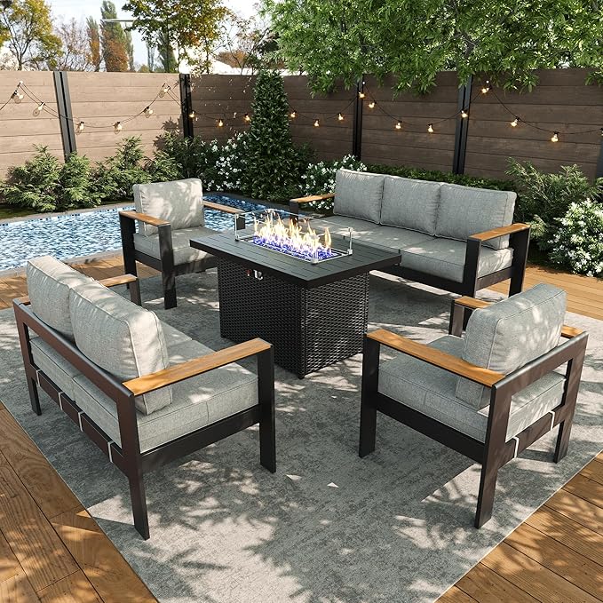 LayinSun 5 Piece Aluminum Outdoor Furniture Set with Fire Pit Table, Outside Patio Deep Seating Conversation Set with Upgraded Washable Thick Cushion