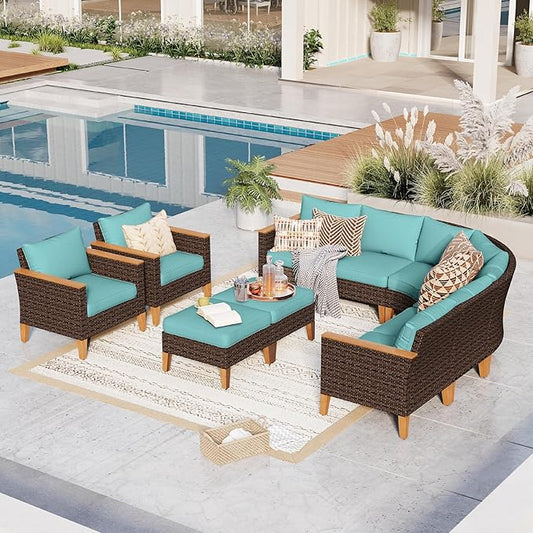 GREEN PARTY 10 Pieces Wicker Patio Furniture Set, All-Weather Outdoor Rattan Half-Moon Curved Patio Sectional Sofa Conversation Set with 4" Thick Cushions for Garden, Backyard, 2 x Ottomans (Blue)