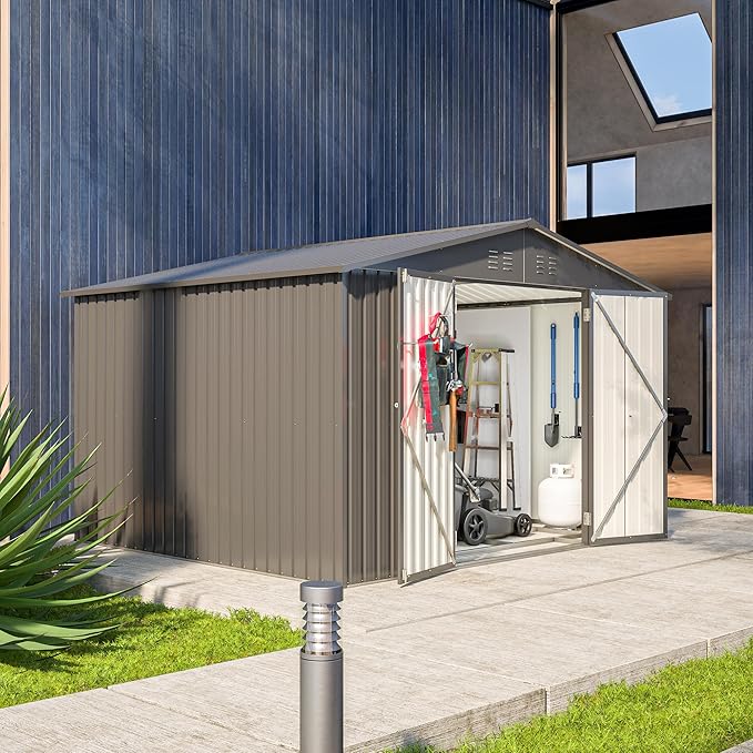 10X8 FT Outdoor Storage Shed, All Weather Metal Sheds with Lockable Doors, Tool Shed for Garden, Patio, Backyard, Lawn, Black