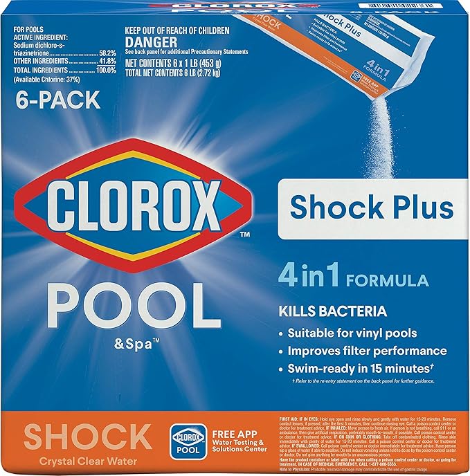 Clorox® Pool&Spa™ Shock Plus, for Crystal Clear Swimming Pool Water, Swim-ready in 15 minutes, Suitable for vinyl pools (6-Pack)