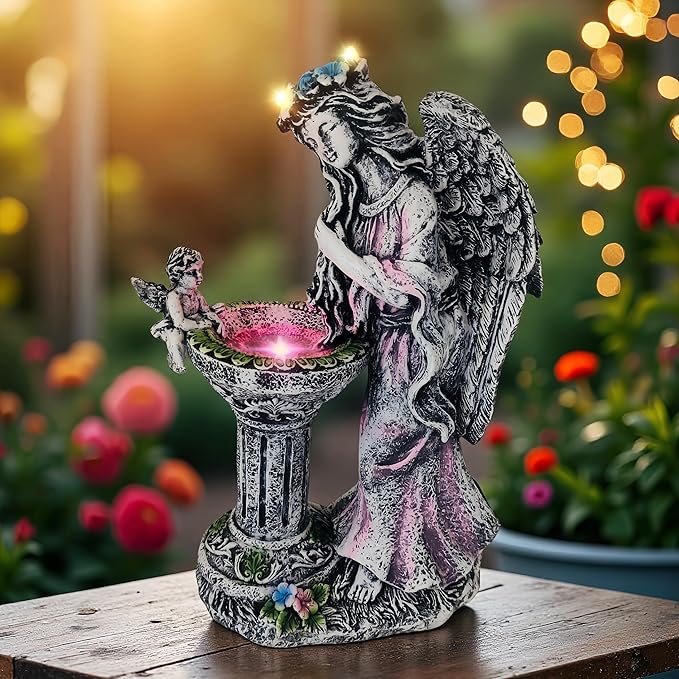 Solar Angel Figurine Lights Outdoor Waterproof Garden Statue with Color Changing Birdbath Fountain, Fairy Garden Decor for Outside Yard Patio Porch, Housewarming Gifts for Thanksgiving Christmas