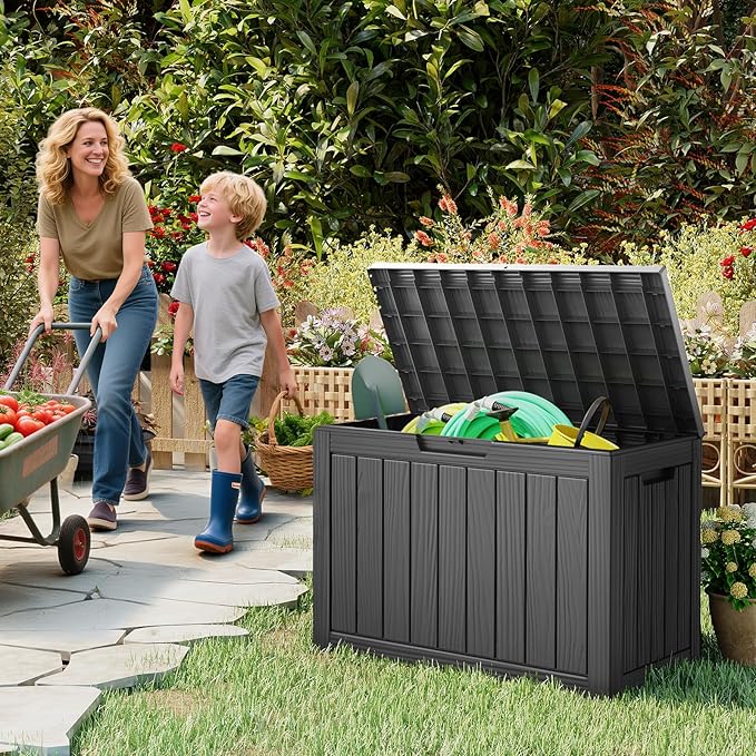 Outdoor Storage Box, 50 Gallon Deck Box Waterproof, Resin Patio Storage Bin for Package Delivery, Patio Furniture Cushion, Garden Tools, Pool Accessories, Weatherproof, Black