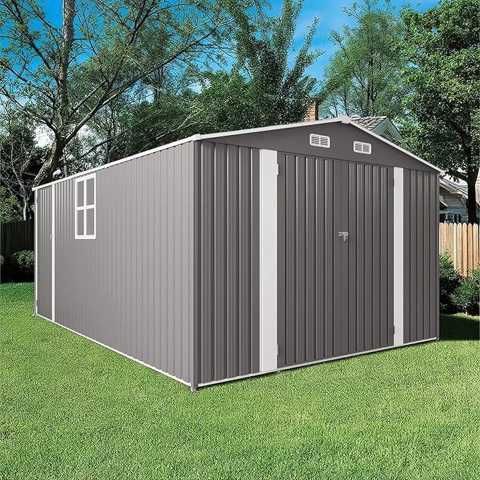 10x14 FT Outdoor Metal Storage Shed, Durable Garden Shed with Three Lockable Doors & Clear Window for Backyard, Patio, All-Weather Shelter for Bike, Gardening Tools, Lawn Mowers, Grey