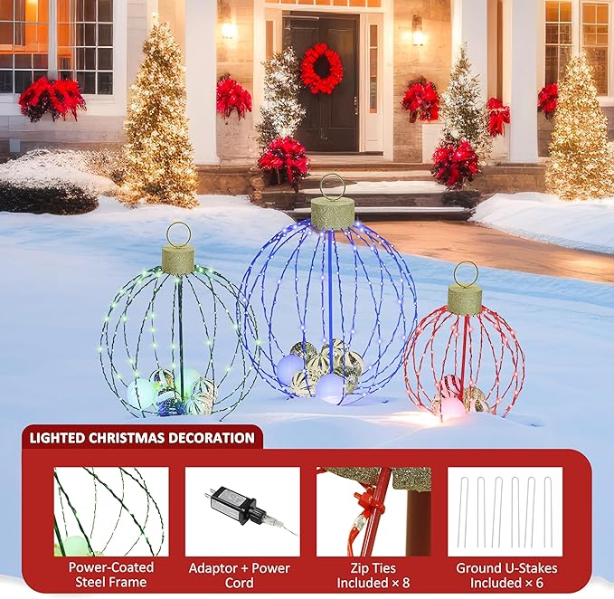 VEIKOU Set of 3 Lighted Christmas Ornaments, 3 Colors Outdoor Holiday Ball Decoration with 570 LED Lights, Christmas Decor with 20 Small Plastic Balls for Garden, Yard, Lawn