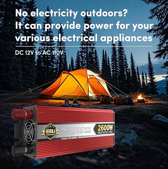 IERBJ 1100W Power Inverter, DC 12V to AC 110V, 2600W Peak Power, LED Display, Pure Sine Wave,Cooling Fan,for Vehicles,Car,RV,Truck,Ship