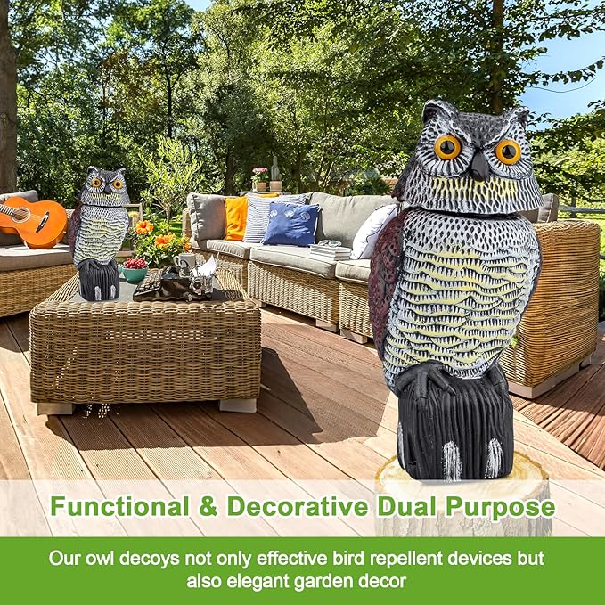 Owl Decoys to Scare Birds Squirrels Away, Rotatable Head Plastic Bird Deterrent, Waterproof Garden Owls Statue for Patio Yard Farm Protection Against Birds, Squirrels, Rabbits, Raccoons