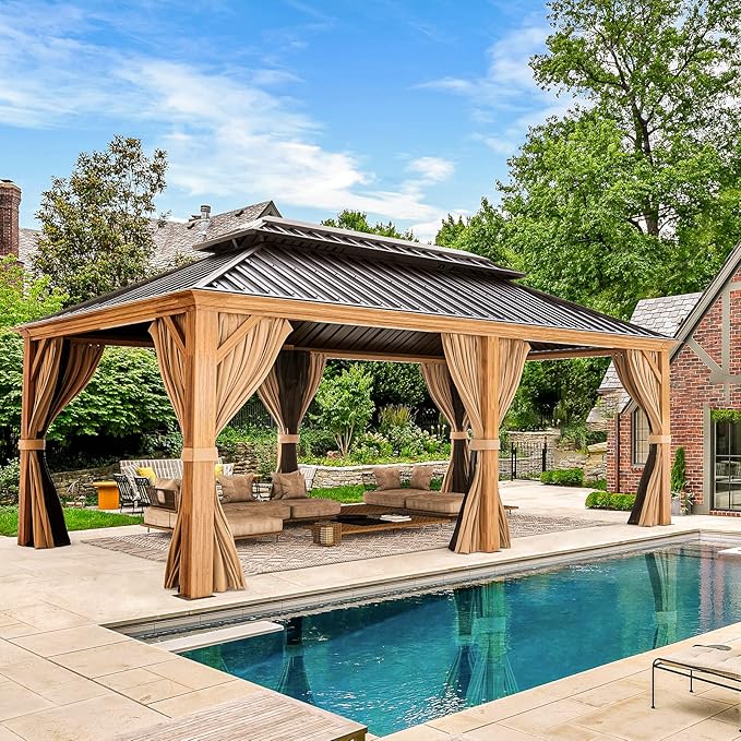 YOLENY 12' x 20' Hardtop Gazebo Wood Grain Pergola with Galvanized Steel Double Roof, Aluminum Frame, Outdoor Patio Gazebo with Netting and Curtains for Deck, Backyard, Patio and Lawns