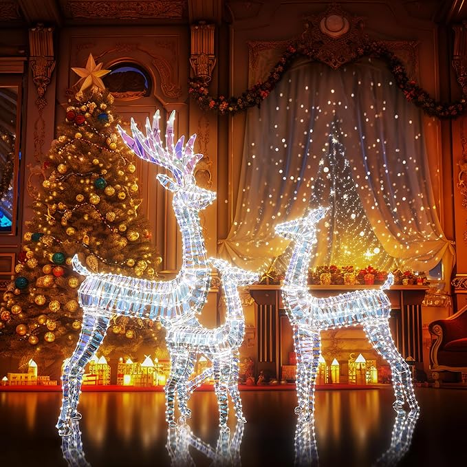 Lamerge Lighted Reindeer Family Set of 3, Christmas Decorative Deer with Red Bow and Ground Stake, Indoor or Outdoor Christmas Holiday Decoration for Yards Lawn Patio -Rainbow Color