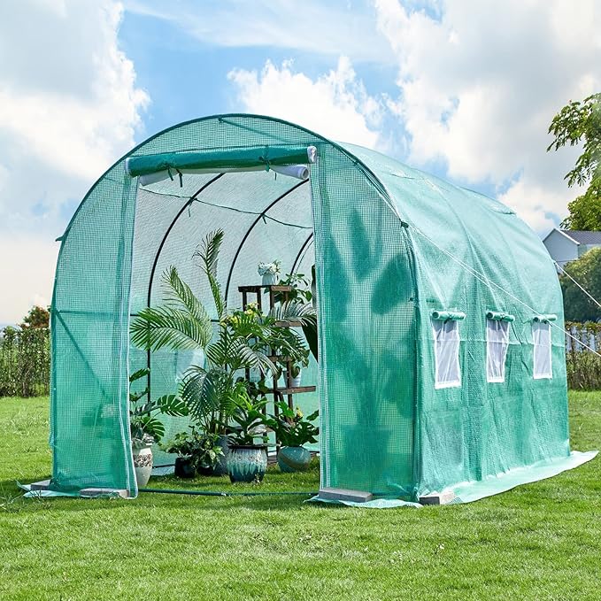 Outdoor Greenhouse with Screen Door,Outside Heavy Duty Walk in Green House for Garden Plants UV Protection Thermostatic Waterproof (Green, 12x7x7 FT)