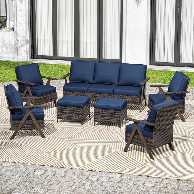 7 Pieces Patio Furniture Set,Outdoor Sofa & High Back Wicker Patio Chairs, Patio Conversation Set with Ottoman for Deck Yard and Poolside