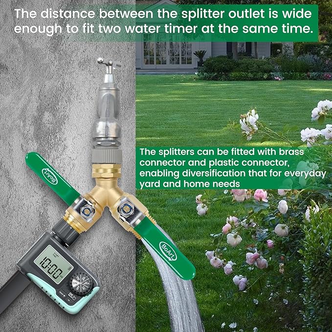 BoArt Brass Garden Hose Splitter 2 Way Heavy Duty, Y Valve Hose Splitter With Stainless Steel Long Handle, 3/4" GHT Thread Y Valve Water Garden Hose Tap Adapter
