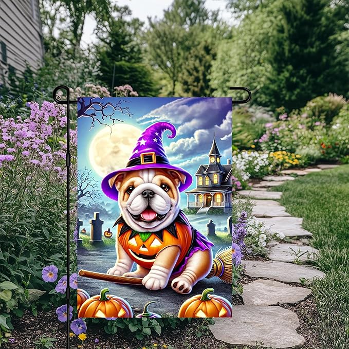 Halloween Pug Garden Flag, Scary Dog in Witch Hat and Pumpkin Costume, 12x18" Double Sided Small Halloween Flag Outdoor Yard Lawn Decoration