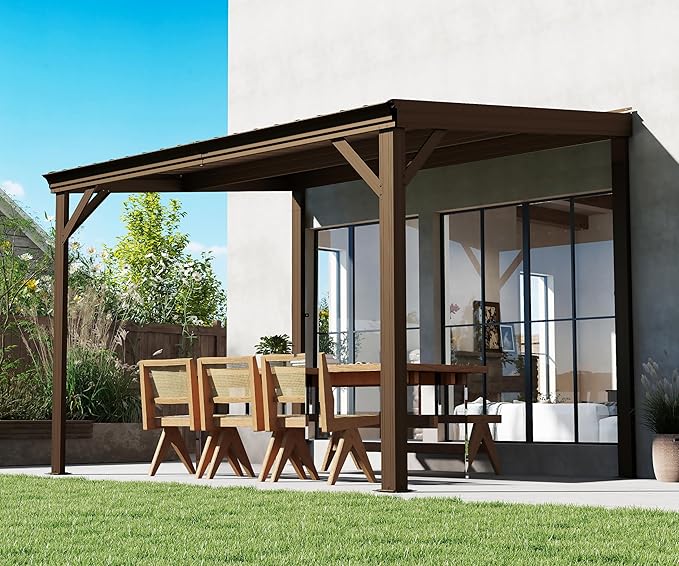 Domi 10’x10’ Lean-to Gazebo, Hardtop Wall-Mounted Gazebo Pergola with Sloping Galvanized Steel Roof and Upgraded Drainage System, Outdoor Permanent Metal Shelters for Patio Backyard Deck, Brown