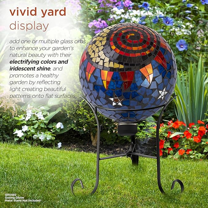 Alpine Corporation 10" Diameter Indoor/Outdoor Glass Mosaic Gazing Globe Yard Decoration, Mosaic Sun and Moon Design