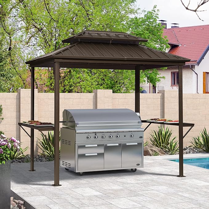 PURPLE LEAF 6' X 8' Hardtop Grill Gazebo for Patio Permanent Metal Roof with 2 Side Shelves Deck Yard Tent Aluminum Garden Outside Sun Shade Outdoor BBQ Canopy