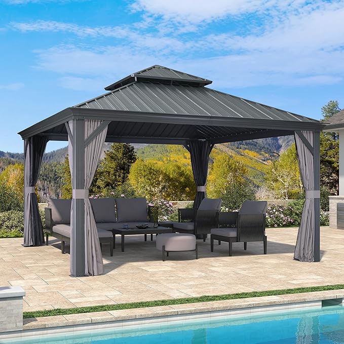 PURPLE LEAF 13' X 13' Gazebo with Galvanized Steel Hardtop Roof Patio Gazebo for Outdoor Lawn and Garden Permanent Pavilion Grey