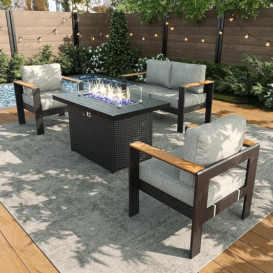 LayinSun 4 Piece Aluminum Outdoor Furniture Set with Fire Pit Table, Outside Patio Deep Seating Conversation Set with Upgraded Washable Thick Cushion