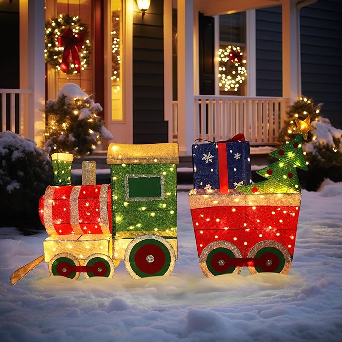 VEIKOU 5FT Outdoor Christmas Decorations Train Set with 170 LED Lights, Christmas Decorations Outside, Lighted Train for Holiday Yard Decorations