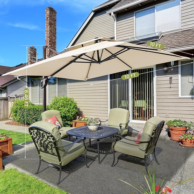10x10 FT Cantilever Patio Umbrella Double Top Outdoor Square Large Heavy Duty Aluminum Offset Umbrellas with 7 Level Tilt 360-degree Rotation for Pool Garden Deck, Beige