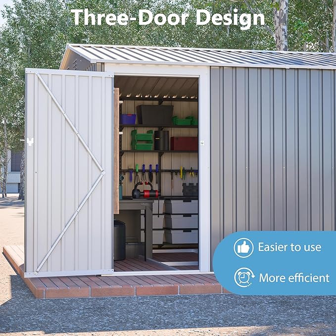 10x14 FT Shed Outdoor Storage Metal Large Garden Tool Sheds with 3 Lockable Doors Floor Frame Gable Roof Waterproof Steel Utility Equipment Sheds for Backyard Patio Lawn Poolside, Grey