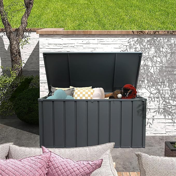 Heavy-Duty Outdoor Metal Storage Box Dark Gray Lockable Water-Resistant Deck Box for Patio Garden Tools Organization Rust-Resistant Outside Storage Box (100 Gallon)