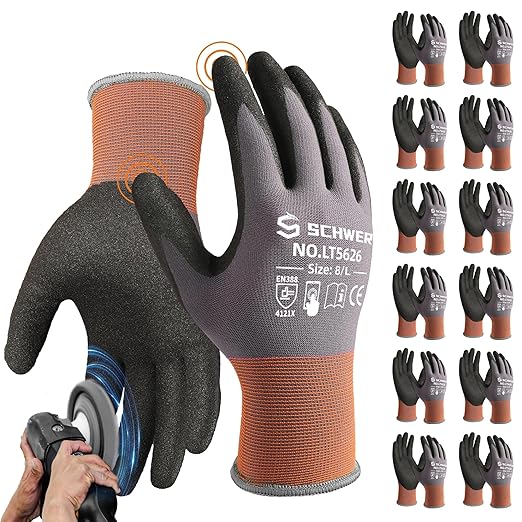 Schwer 12 Pairs Safety Work Gloves with Sandy Nitrile Coating , A1 Cut Resistant Heavy Duty Working Gloves with Grip for Men and Women, Ideal for General Use, Mechanic, Construction, Gardening, L