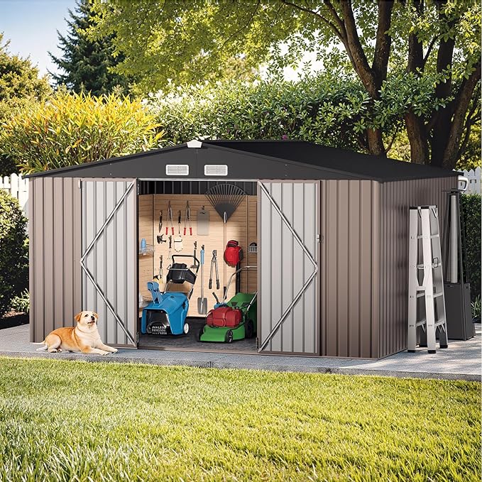 GVDV 10X12 FT Outdoor Storage Shed, Durable Metal Outside Storage for Garden, Patio and Backyard, Waterproof Shelter for Tools, Equipment