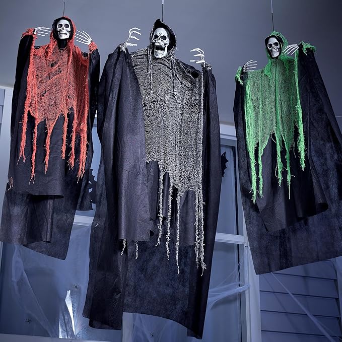 JOYIN 3 Pcs Halloween Hanging Grim Reapers, one 63” Two 47” Grim Reapers, Halloween Skeleton Outdoor Decoration Flying Ghost for Haunted Haunted House Prop, Party Supplies Decor