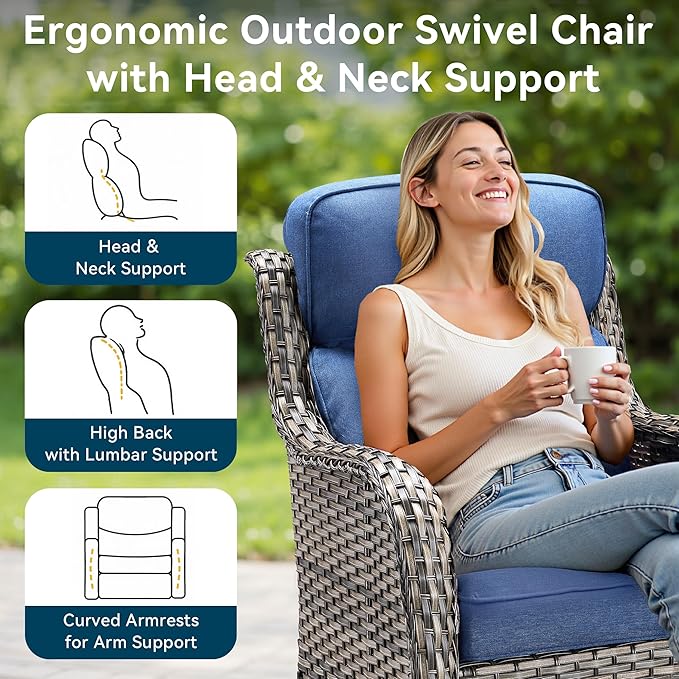 Luxury High Back Outdoor Furniture with 6-Inch Thick Cushions, Patio Furniture Set with Swivel Chairs, 6 PCS Wicker Conversation Set for Porch, Balcony, Deck and Yard