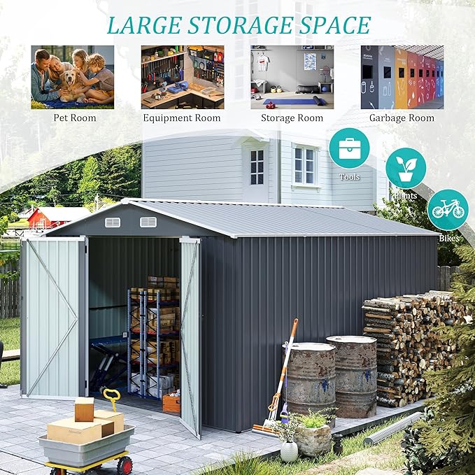 9x11 FT Outdoor Metal Storage Shed with Lockable Door, Steel Garden Utility Shed with Vents, Backyard Patio Tool Shed for Lawn Equipment, Bike, Firewood and Mower Storage, Gray