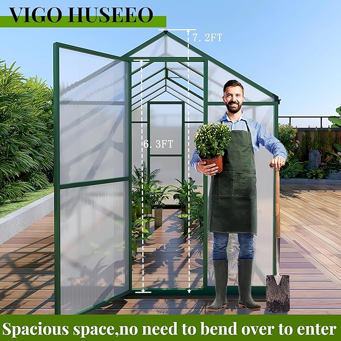 72*72in Greenhouse for Outdoors, Polycarbonate Greenhouse with Stronger Wind Protection and Roof Vent, Walk-in Large Aluminum Sunroom Winter Proof, Green