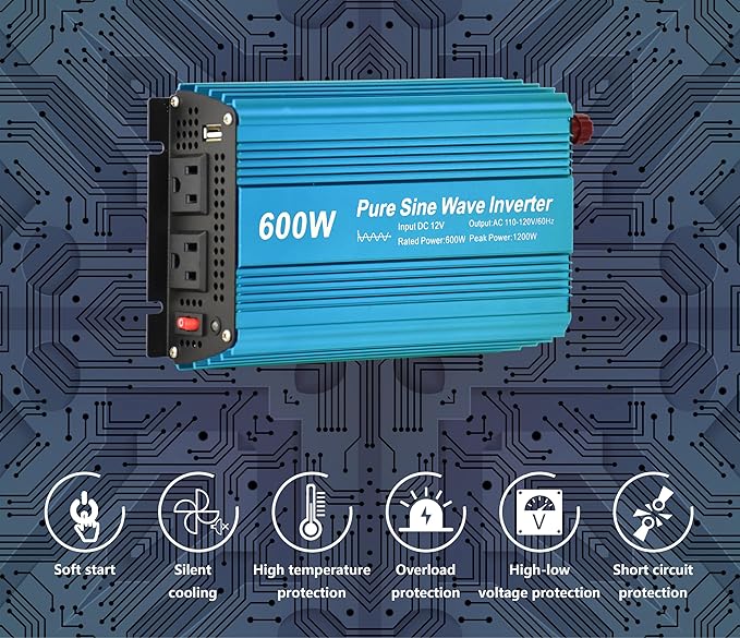 DC 12V to AC120V Pure Sine Wave Power Inverter 600W with Dual sockets Output and DC 5V 2Amp USB Output. Ideal for Most Small Power appliances. (600W)