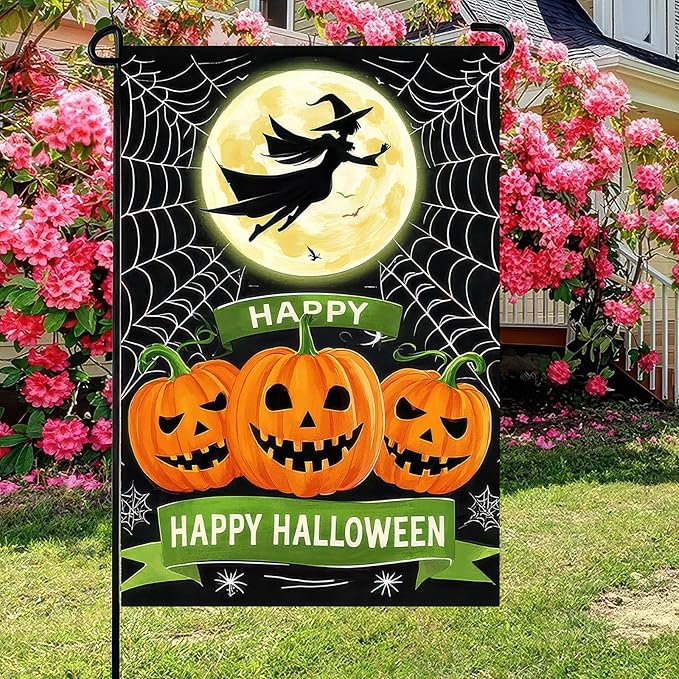 Happy Halloween Garden Flag 12x18 Inch Double Sided Witch Flying Over Moon Pumpkin Flags Spider Web Small Yard Flag for Halloween Outdoor Lawn Decoration