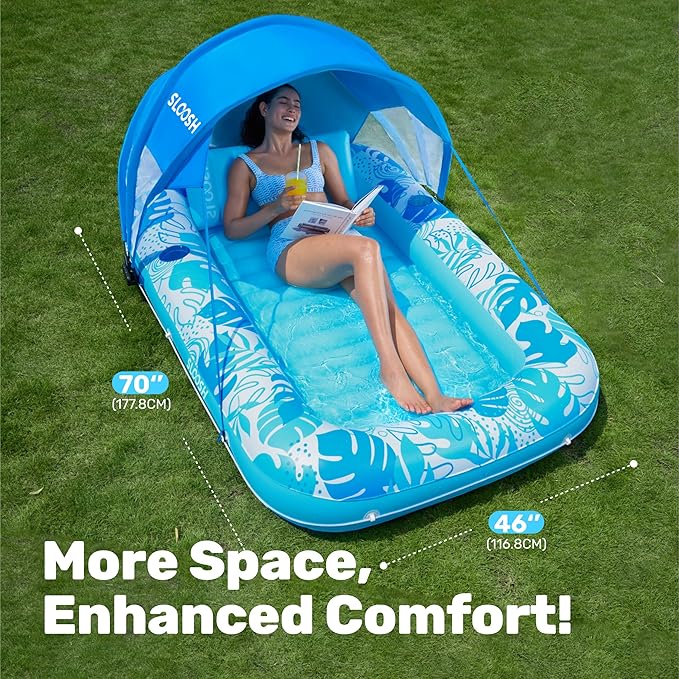 SLOOSH Inflatable Pool Floats Adult, 70" x 46" Tanning Pool with Canopy, 4 in 1 Lounger Float with Pillow, Suntan Tub Raft Floatie, Sunbathing Bed Lounge for Water Blow Up Kids Ball Pit Party Gifts
