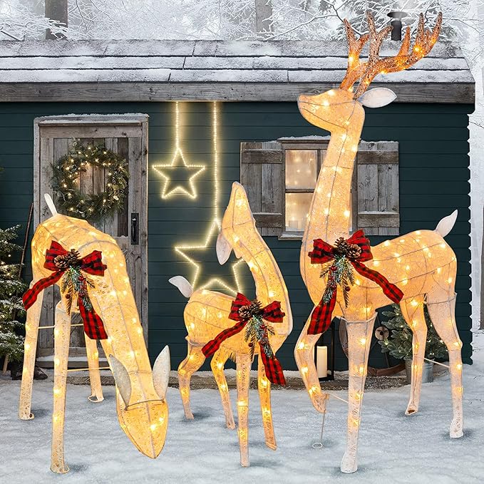 Hourleey 3-Piece Pre-Lit Reindeer Family Set, 3D Plug in 170 Count Warm White Lighted Decoration, Waterproof Outdoor Christmas Deer Decor for Yard, Patio, Lawn, Garden, Party