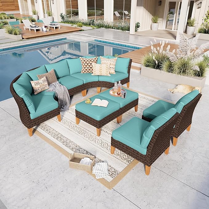 GREEN PARTY 9 Pieces Wicker Patio Furniture Set, All-Weather Outdoor Rattan Half-Moon Curved Patio Sectional Sofa Conversation Set with 4" Thick Cushions for Garden, Backyard, 2 x Ottomans (Blue)