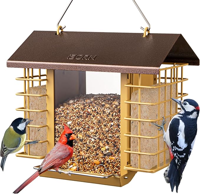 iBorn Bird Feeders for Outdoors,Bird Feeder with Double Suet Holders,Suet Feeder for Outside Hanging,Large Weatherproof Metal Roof,Easy to Refill & Clean,3.2 LBs Seed Capacity + 2X Cakes,1 Pack,Coffee
