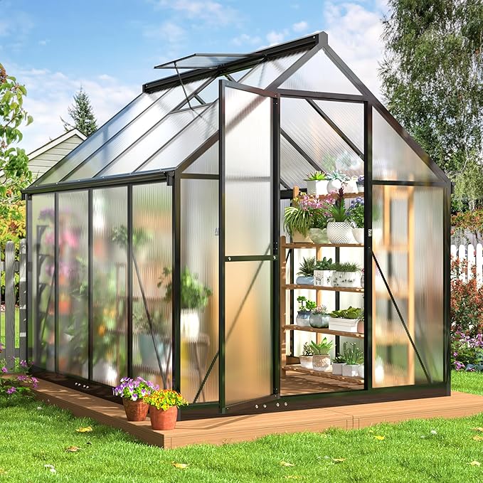 VIWAT 6x7.5 FT Greenhouse for Outdoors, Polycarbonate Greenhouse with Quick Setup Structure and Roof Vent, Aluminum Large Walk-in Green House for Outside Garden Backyard, Black