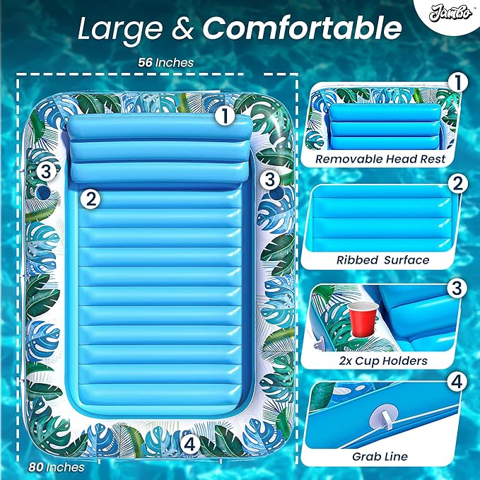 JAMBO XXL Inflatable Tanning Pool Lounger Float, 80 x 56 Sun Tanning Pool Float with Pillow Water Lounge Raft Pool Floatie for Adults Tanning Raft Pool Tub Water Tanning Bed Kiddie Pool Tanning Floats