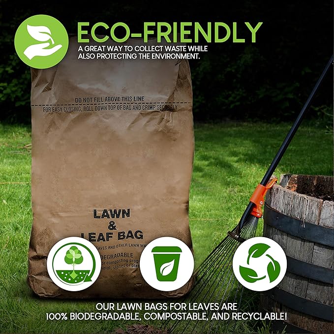 30 Gallon Kraft Lawn and Leaf Bags (10 Pack) Eco-Friendly Heavy Duty Large Paper Trash Bags, Made in the USA Tear Resistant Yard Waste Bags for Grass Clippings, Wet and Dry Leaves, Weeds, Twigs